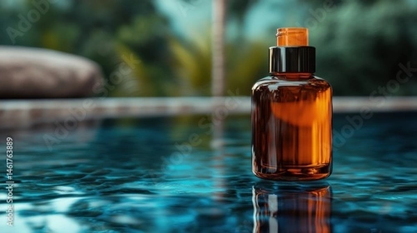 Fototapeta Luxury skincare bottle in outdoor environment, positioned over reflective pool with subtle natural colors