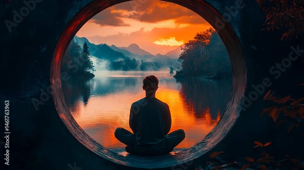 Fototapeta Peaceful figure meditating in a circular frame at sunset.