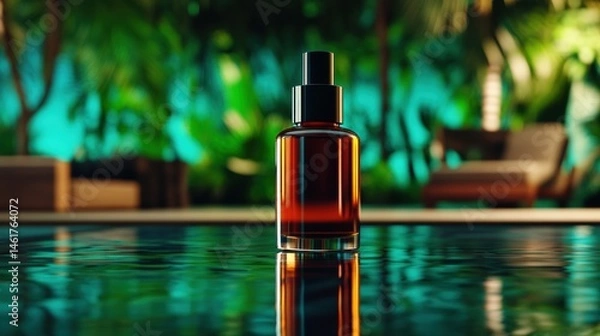 Fototapeta Luxury skincare bottle in outdoor environment, positioned over reflective pool with subtle natural colors