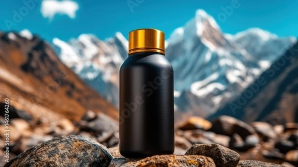Fototapeta Minimalist product photography with bottle on Himalayan rock, blue sky and snowy peaks in soft focus