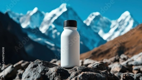 Fototapeta Minimalist product photography with bottle on Himalayan rock, blue sky and snowy peaks in soft focus