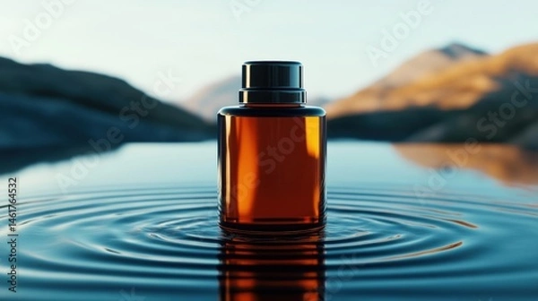 Fototapeta Minimalist skincare bottle standing on reflective water surface, calm nature background, soft natural light