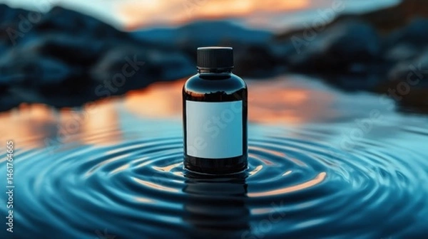 Fototapeta Minimalist skincare bottle standing on reflective water surface, calm nature background, soft natural light