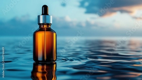 Fototapeta Minimalist skincare bottle standing on reflective water surface, calm nature background, soft natural light