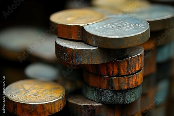 Fototapeta Close-up view of stacked, weathered metal discs.