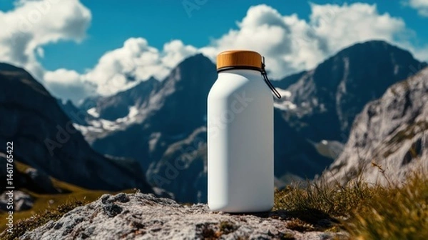 Fototapeta Sustainable water bottle displayed on high mountain trail, clouds drifting below, dramatic natural setting