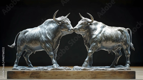 Fototapeta Two metallic bulls facing each other on a wooden base.