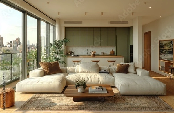 Fototapeta Modern apartment living room with city view, open kitchen, and sunlight
