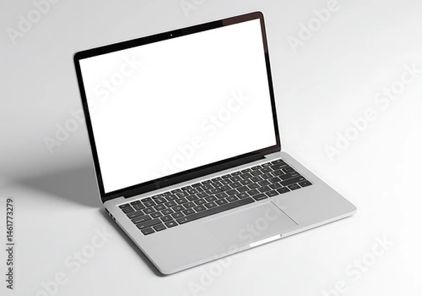 Obraz Laptop with a blank white screen on a white surface showcasing keyboard and trackpad in a clean setting