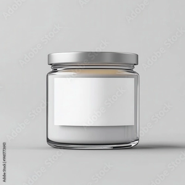 Obraz Clear glass jar with a blank label,  ideal for candle or cosmetic product.  Features a metallic silver lid