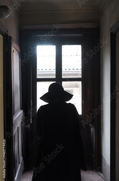 Obraz Silhouette of Woman with Hat Looking Out the Window Indoors
