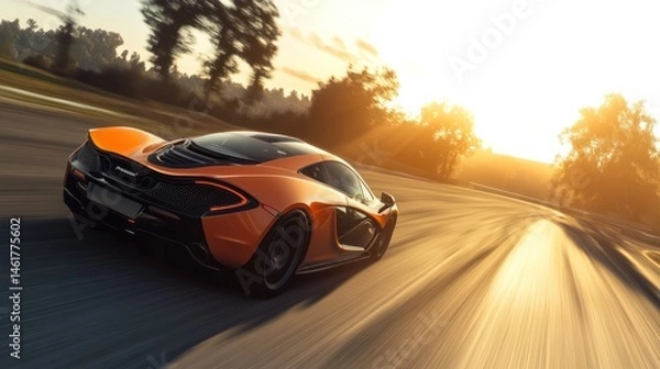 Fototapeta Orange supercar speeding on a race track at sunset.