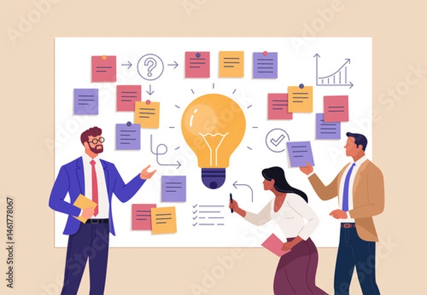 Fototapeta Business Workshop Concept. Vector cartoon illustration of a close-up group of diverse people standing near a board with sticky notes and discussing an idea. Isolated on background.