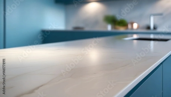 Fototapeta High-quality photograph of a sleek, empty white marble countertop in a modern kitchen, with a calming blue accent wall that subtly gradates to a soft, blurred background, evoking a sense of serenity a