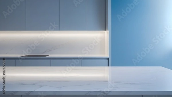 Fototapeta High-quality photograph of a sleek, empty white marble countertop in a modern kitchen, with a calming blue accent wall that subtly gradates to a soft, blurred background, evoking a sense of serenity a
