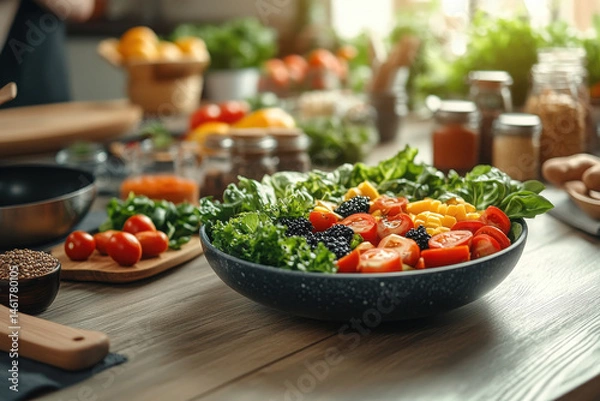 Fototapeta of fresh fruits and vegetables on wooden table vibrant smoothies and nutritious salads organic products in kitchen.