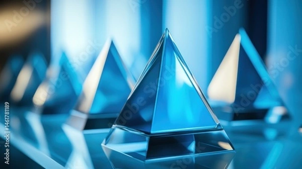 Fototapeta Blue glass pyramids arranged on a reflective surface.