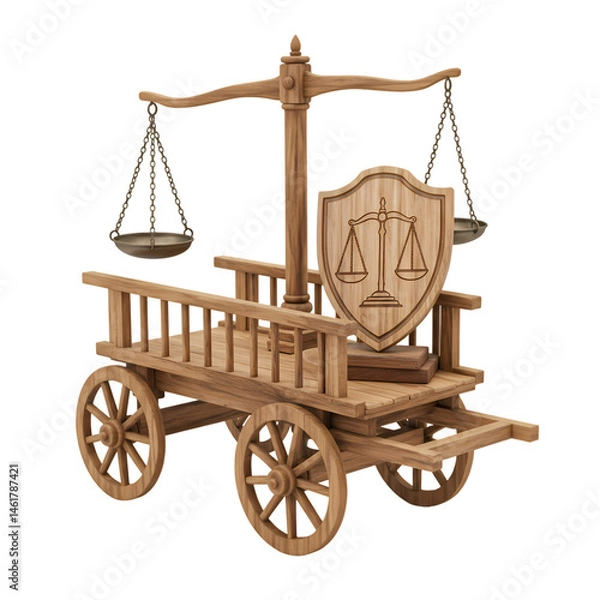Obraz Wooden Cart with Scales of Justice and Shield Symbol of Law and Balance isolated on Transparent Background