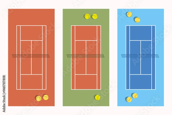 Obraz Set of three tennis courts with orange earth clay surface, blue hard court, yellow tennis balls scattered on background. Vector illustration for flyer for tennis tournament, sports website, school.