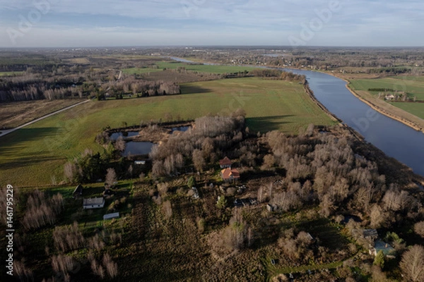 Fototapeta Aerial view of river Lielupe, Zemgale, Latvia in early spring