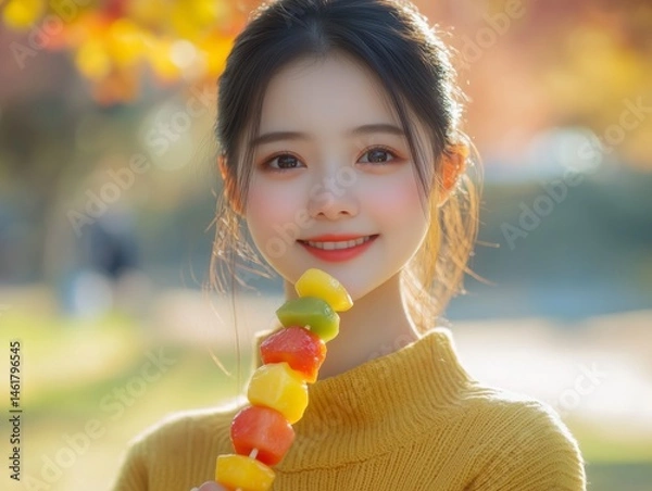 Fototapeta girl of oriental appearance smiles and holds traditional chinese sweets fruits in caramel. tanghulu - summer dessert
