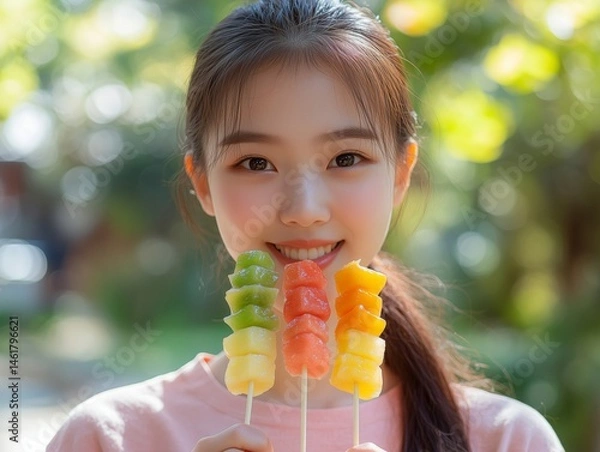 Fototapeta girl of oriental appearance smiles and holds traditional chinese sweets fruits in caramel. tanghulu - summer dessert
