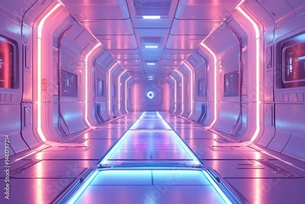 Obraz A futuristic hallway with a glowing floor pathway and reflective ceiling panels.