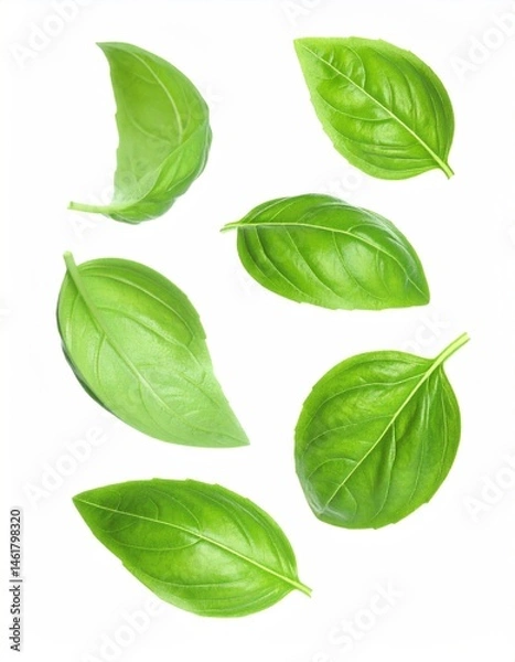 Fototapeta Fresh Green Basil Leaves Arranged on a Bright Background for Culinary and Botanical Use