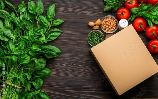 Fototapeta Fresh herbs, tomatoes, and nuts arranged around a blank box