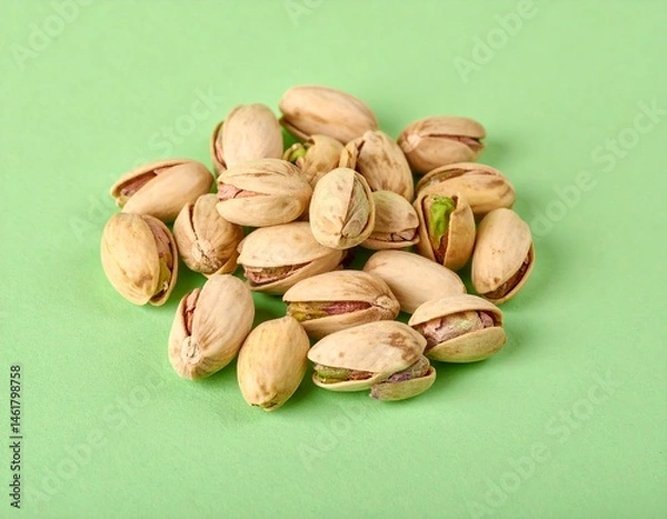 Fototapeta Heap of Raw Pistachio Nuts on a Light Green Background Displaying Natural Texture and Color