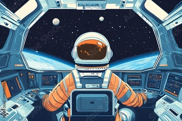 Fototapeta Spacesuit astronaut in spaceship looking at moon. Space station interior. Flat. Vector illustration