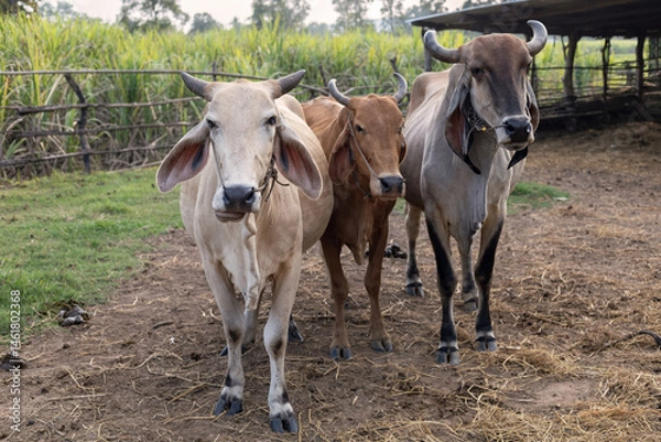 Obraz Three cows standing in a cowshed on a rural livestock farm