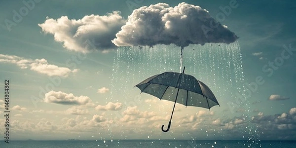 Obraz Cloud raining upside-down onto a floating umbrella, reversed physics concept