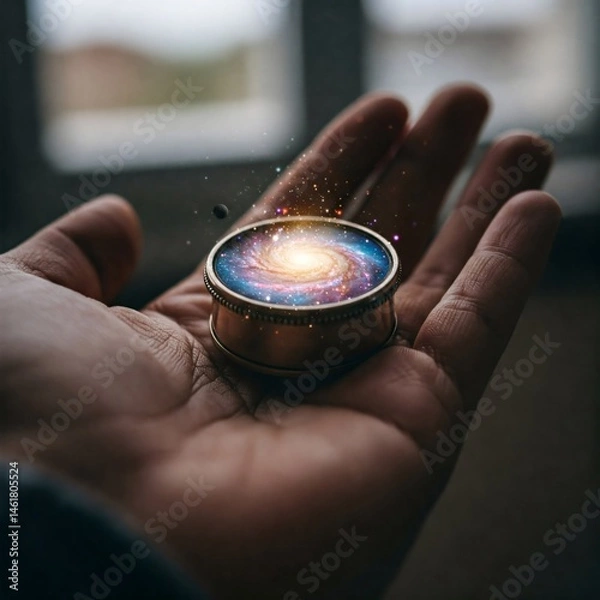 Fototapeta A miniature galaxy rests within an open hand, surrounded by sparkling light