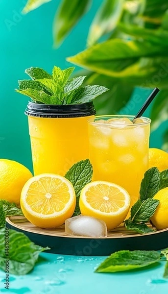 Fototapeta Refreshing lemonade with mint and ice