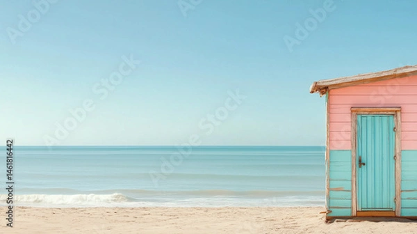 Fototapeta Old colorful beach hut on empty sea beach, summer background with empty space