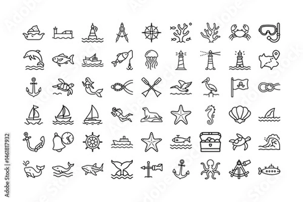 Fototapeta Marine Life, Nautical Elements line icon.Featuring Dolphins, Lighthouses, Ships, Anchors, Sea Creatures, and Ocean Elements in Black and White.