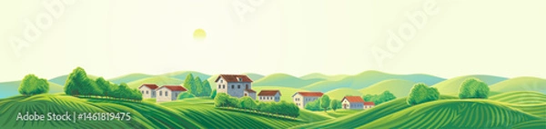 Fototapeta Summer rural landscape, with hills and agriculture fields and gardens, and village houses, on top of a hill. Vector illustration.