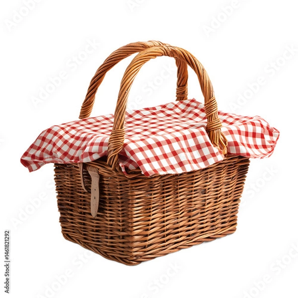 Fototapeta Rustic picnic basket with red and white checkered cloth.