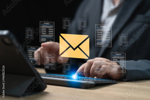 Obraz E-invoice and send Email concept, Businessman sending email to customer, Online digital statements to customers procedure for receiving payments, Documents and expense details. Accounting software