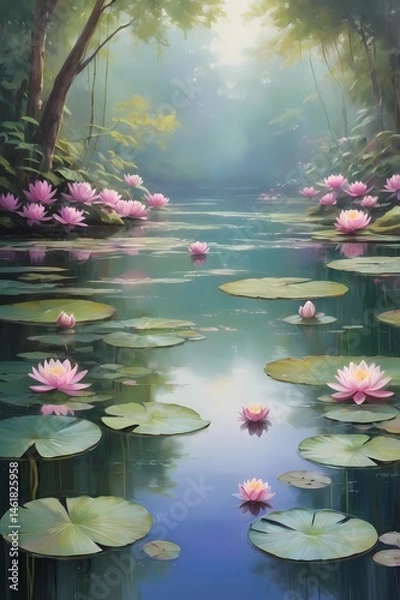 Fototapeta A tranquil forest pond covered with green lily pads and blooming pink water lilies, reflecting sunlight through tall trees, creating a dreamy and serene natural landscape scene.
