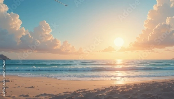 Fototapeta A beautiful beach scene during sunset with calm waves, golden sand, and a tranquil sky, suited for travel, vacation, relaxation, or holiday marketing materials.