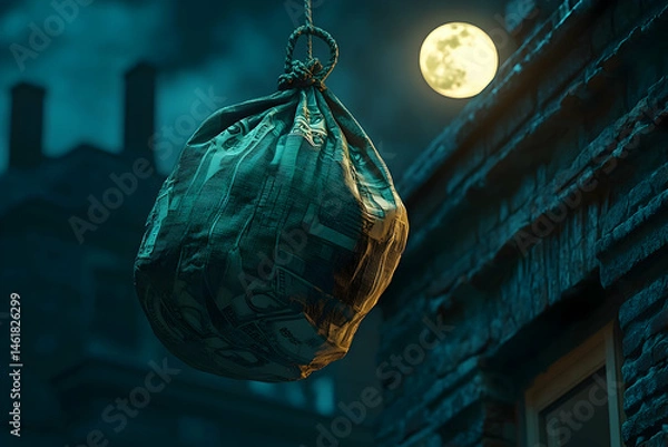 Fototapeta A large, textured sack hangs suspended in the night.