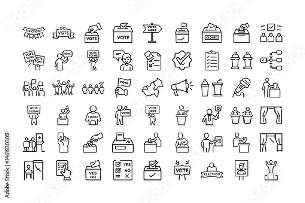 Fototapeta Voting, election line icon set. Featuring Ballots, Voters, Election Day Activities, Polling Stations, Campaigns, and Election Procedures in Black and White