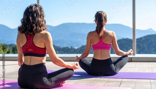 Fototapeta Healthy people seen from the back doing some yoga in lotus position together in a class with beautiful background