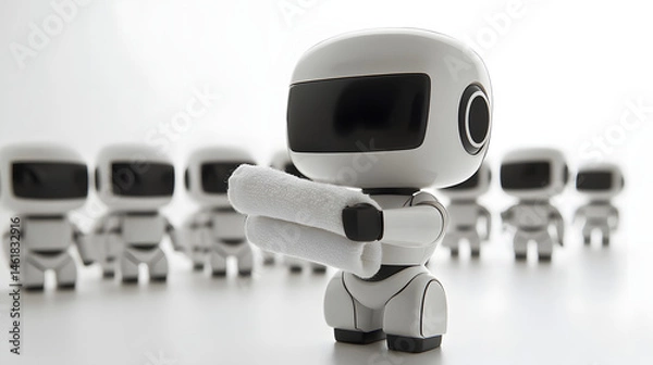 Fototapeta A small white robot holds a scroll, leading a line of robots.  A vision of the future of AI and automation.