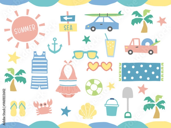 Fototapeta 夏・海・ビーチのイラストセット（夏休みのレジャー素材や子供向け素材にもオススメ）