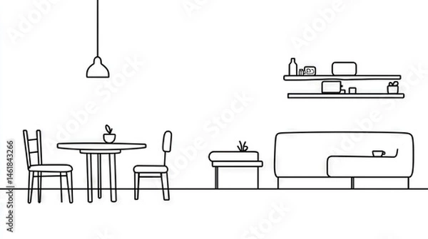 Fototapeta Simple line drawing of a modern living space.