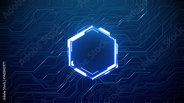 Fototapeta Abstract glowing neon hexagon frame design. Technology cyber portal on circuit board with space for text. Great for web-banner. Game and cyberpunk background. Abstract digital vector bg.