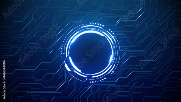 Fototapeta Neon light blue circle portal with electronics elements and wires are on a futuristic technology circuit board. Technology sky-fi background. Round glowing HUD with space for text. Vector tech bg.